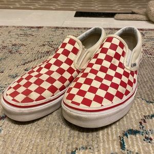 Red checkered print slip-on Vans